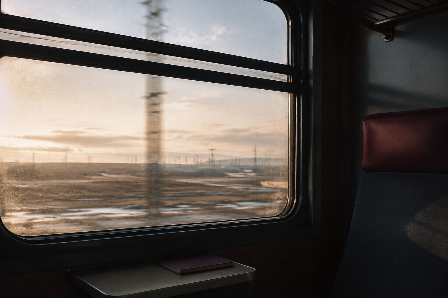 View through a train window across an open landscape